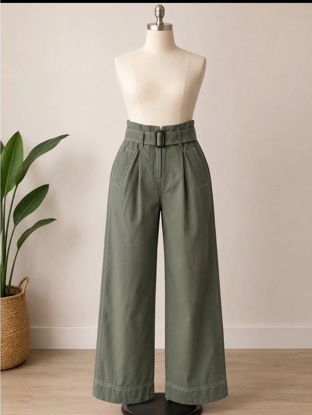 Jonathan Simkhai Olive Green High-Rise Wide-Leg Belted Pants